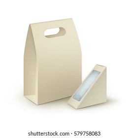 Vector Set of Brown Blank Cardboard Rectangle Triangle Take Away Handle Lunch Boxes Packaging For Sandwich, Food, Gift, Other Products with Plastic Window Mock up Close up Isolated on White Background