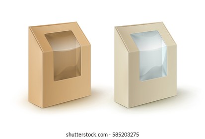 Vector Set of Brown Blank Cardboard Rectangle Take Away Box Packaging For Sandwich, Food, Gift, Other Products with Plastic Window Mock up Close up Isolated on White Background