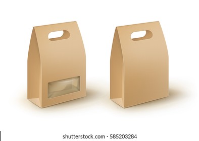 Vector Set Of Brown Blank Cardboard Rectangle Take Away Handle Lunch Box Packaging For Sandwich, Food, Gift, Other Products With Plastic Window Mock Up Close Up Isolated On White Background