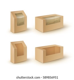 Vector Set Of Brown Blank Cardboard Rectangle Take Away Boxes Packaging For Sandwich, Food, Gift, Other Products With Plastic Window Mock Up Close Up Isolated On White Background