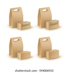 Vector Set of Brown Blank Cardboard Rectangle Take Away Handle Lunch Boxes Packaging For Sandwich, Food, Gift, Other Products without with plastic windows Mock up Close up Isolated on White Background