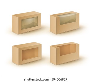 Vector Set of Brown Blank Cardboard Rectangle Take Away Boxes Packaging For Sandwich, Food, Gift, Other Products with Plastic Window Mock up Close up Isolated on White Background