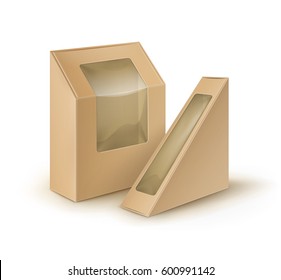 Vector Set of Brown Blank Cardboard Rectangle Triangle Take Away Boxes Packaging For Sandwich, Food, Gift, Other Products with Plastic Window Mock up Close up Isolated on White Background