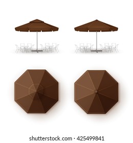 Vector Set of Brown Blank Patio Outdoor Market Beach Cafe Bar Pub Restaurant Round Umbrella Parasol  for Branding Top Side View Mock up Close up Isolated on White Background