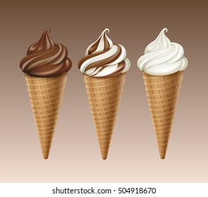 Vector set of Brown Chocolate White Classic Soft Serve Ice Cream Waffle Cone Close up Isolated on Background