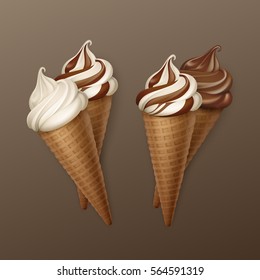 Vector set of Brown Chocolate White Classic Soft Serve Ice Cream Waffle Cone Close up Isolated on Background