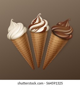 Vector set of Brown Chocolate White Classic Soft Serve Ice Cream Waffle Cone Close up Isolated on Background