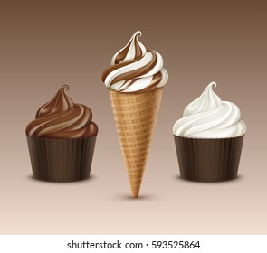 Vector set of Brown Chocolate White Classic Soft Serve Ice Cream Waffle Cone and Brown Carton Cup Close up Isolated on Background