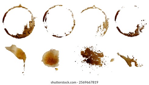 Vector set of brown coffee spots from mug, splashes. Isolated on a white background.