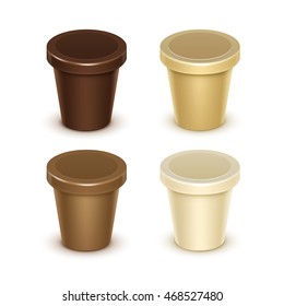 Vector Set of Brown Cream Blank Food Plastic Tub Bucket Container For Vanilla Chocolate Dessert Yogurt Ice Cream Sour Cream with Label for Package Design Mock Up Close up Isolated on White Background