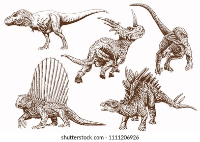 Vector set of brown dinosaurs , sepia sketch,paleontology