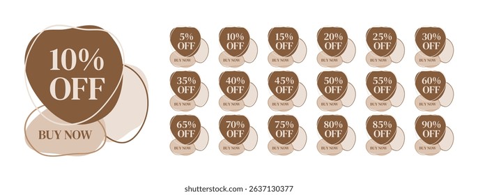 Vector set of brown discount badges with percentages from 5% to 90% off. Organically designed promotion labels with Buy Now text, perfect for online stores and marketing banners.