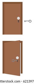 Vector set of brown doors with keyholes and grey key unlocking.