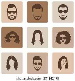 Vector Set of Brown Hairstyles Icons. Hair, Beard, Mustache. Mens and Womens Hairstyles.