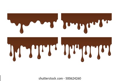 Conjunto vectorial de gotas y manchas de líquido marrón. Colección de salpicaduras líquidas y blobs. El chocolate fundido gotea y fluye. Formas abstractas aisladas en fondo blanco.