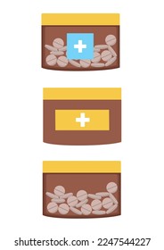 Vector set of brown medical bottles with capsules or pills. Medicinal products. Health care and medicine.