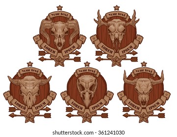 Vector set of brown round wooden emblems with beige banners, stars on top and bottom and arrows below, with cartoon image of drawing beige animal's skulls with horns in the center on white background.