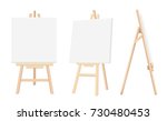 Vector Set of Brown Sienna Wooden Easels with Mock Up Empty Blank Canvases Isolated on Background Paint Desk and White Paper Isolated On Background. Vector illustration Web site page and mobile app.