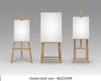 Vector Set of Brown Sienna Wooden Easels with Mock Up Empty Blank Vertical Canvases Isolated on Background