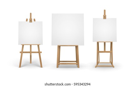 Vector Set of Brown Sienna Wooden Easels with Mock Up Empty Blank Canvases Isolated on Background