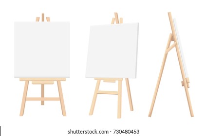 Vector Set of Brown Sienna Wooden Easels with Mock Up Empty Blank Canvases Isolated on Background Paint Desk and White Paper Isolated On Background. Vector illustration Web site page and mobile app.