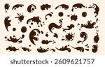 Vector set of brown splatter shapes and splash effects on a beige background, representing chocolate, mud, or paint in various abstract forms and dynamic motion styles