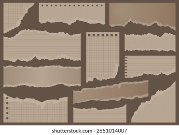 Vector set of brown torn notebook paper on kraft-style backgrounds with ruled, grid, and dot lines. Includes ripped note shapes. Ideal for rustic journaling and printable designs.