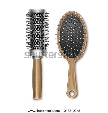 Vector Set of Brown Wooden Grooming and Plastic Hot Curling Radial Hair Brush Comb Top View Isolated on White Background