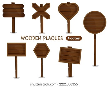 Vector set of brown wooden pointers, boards.  A game resource of the shield, a design element in a cartoon style.