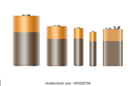 Vector Set of Brown Yellow Golden Glossy Alkaline Batteries Of Diffrent size AAA, AA, C, D, PP3 and 9 Volt Battery for branding Close up Isolated on White background