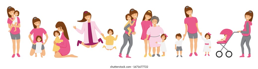 Vector set of brunette mother's little activities. Funny situations of mom on maternity leave. Concept design of happy family huge each other isolated. Three generations together holds hands and laugh