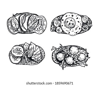 Vector set of bruschetta. Toast with fish, egg, tomatoes, mozzarella, cucumber, Basil. Italian bruschetta. A linear pattern. Sketch. Illustration on an isolated white background. For the menu of cafes