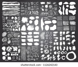 Vector Set of brush acrylic strokes. White color on black background. Hand painted grange elements. Ink drawing. Dirty artistic design . Place for text, quote, information, company name.