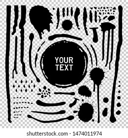 Vector Set of brush acrylic strokes. Black color on transparent background. Hand painted grange elements. Ink drawing. Dirty artistic design . Place for text, quote, information, company name.