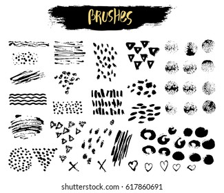 Vector Set of brush acrylic strokes, blot, wave, letter, splashes. Black color on white background. Hand painted grange elements. Ink drawing. Dirty artistic design