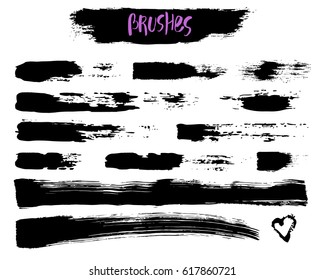 Vector Set of brush acrylic strokes. Black color on white background. Hand painted grange elements. Ink drawing. Dirty artistic design . Place for text, quote, information, company name