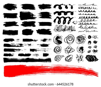 Vector Set of brush acrylic strokes. Black red color on white background. Hand painted grange elements. Ink drawing. Dirty artistic design . Place for text, quote, information, company name