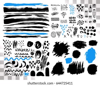 Vector Set of brush acrylic strokes. Black blue color on white background. Hand painted grange elements. Ink drawing. Dirty artistic design . Place for text, quote, information, company name