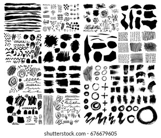 Vector Set of brush acrylic strokes. Black color on white background. Hand painted grange elements. Ink drawing. Dirty artistic design . Place for text, quote, information, company name.