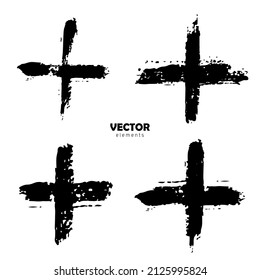 Vector Set of Brush Cross Pluse Black color on white background. Hand painted grange elements. Ink drawing. Dirty artistic design . Place for text, quote, information, company name.