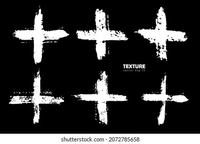 Vector Set of brush Cross strokes White color isolated on Black background. Hand painted grange Pluse elements. Dirty artistic design . Place for text, quote