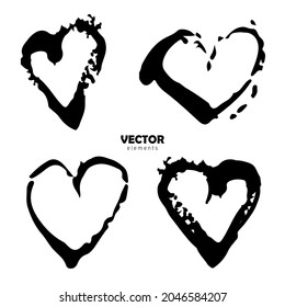 Vector Set of Brush Heart Love Black color on white background. Hand painted grange elements. Ink drawing. Dirty artistic design . Place for text, quote, information, company name.