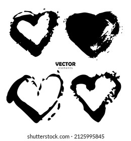 Vector Set of Brush Heart Love Black color on white background. Hand painted grange elements. Ink drawing. Dirty artistic design . Place for text, quote, information, company name.