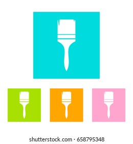 Vector set brush icon in flat style on colors background. White brush button on blue, green, orange, pink square.