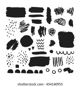 Vector set of brush strokes, abstract elements, ink stains and grunge textures isolated on white. Art collection for design cards, banners, backgrounds