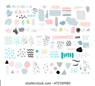 Vector set of brush strokes, abstract elements, ink stains and grunge textures isolated on white. Art collection for design cards, banners, backgrounds. Pastel colors