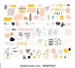 Vector set of brush strokes, abstract elements, ink stains and grunge textures isolated on white. Art collection for design cards, banners, backgrounds