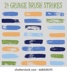 Vector set of brush strokes or backgrounds isolated on black. Artistic lines collection. Blue, pink, green, yellow and grey color hand painted brush strokes set. Textured design elements