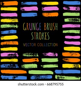 Vector set of brush strokes or backgrounds isolated on black. Artistic lines collection. Blue, pink, green, yellow and green color hand painted brush strokes set. Textured design elements