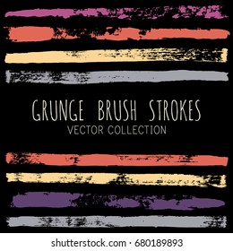 Vector set of  brush strokes or backgrounds isolated on dark. Artistic lines collection. Hand painted brush strokes set. Textured design elements. Felt-tip pen traces.